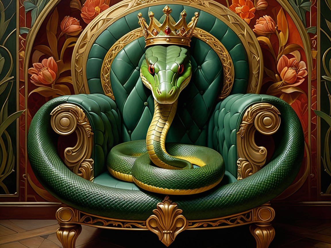 Regal Green Snake on Ornate Plush Chair with Crown