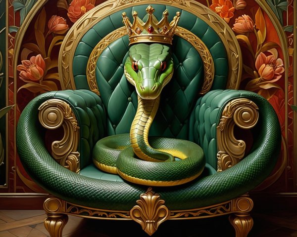 Regal Green Snake on Ornate Plush Chair with Crown