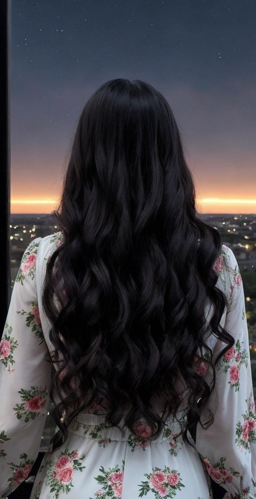 Woman in Floral Dress Overlooking City at Night