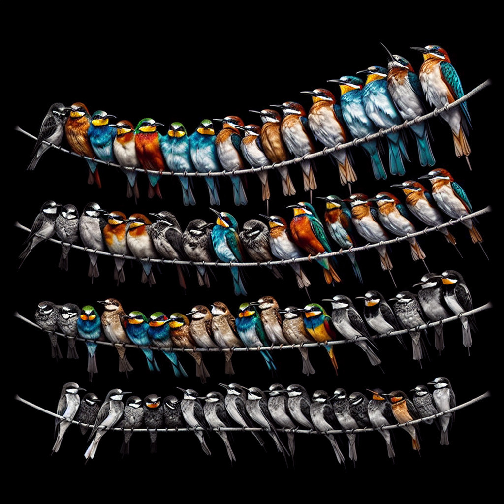 Colorful Bird Species on Wires Against Black Background