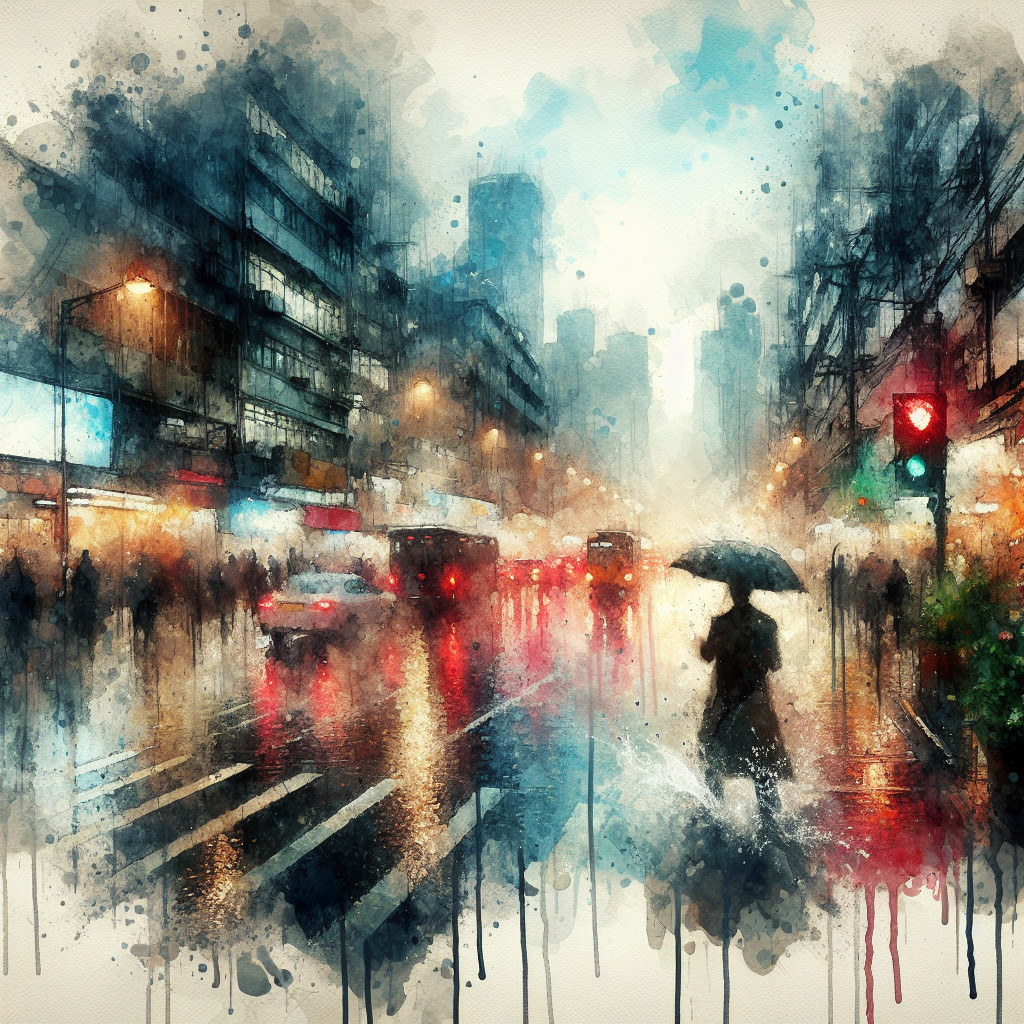 Vibrant Watercolor Cityscape of a Rainy Street Scene