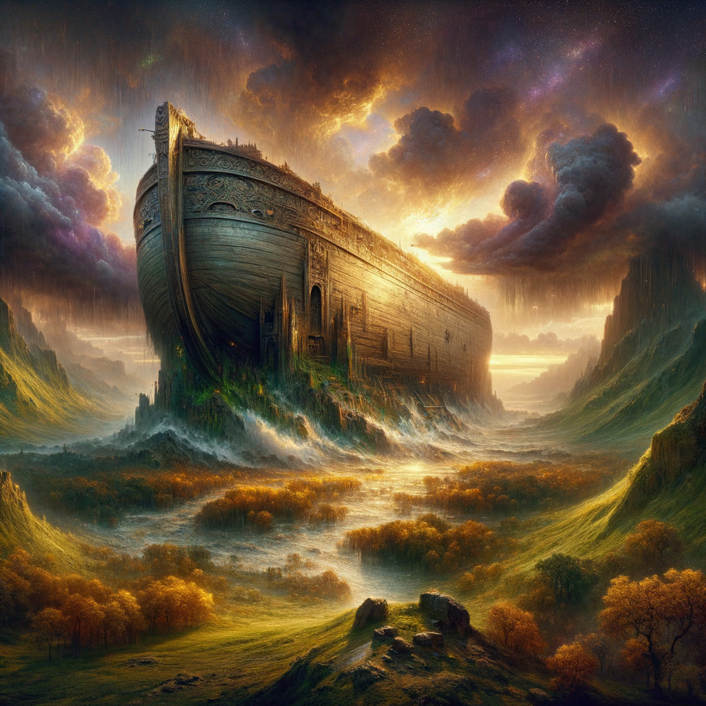 Ancient Ship Surrounded by Misty Waters and Foliage