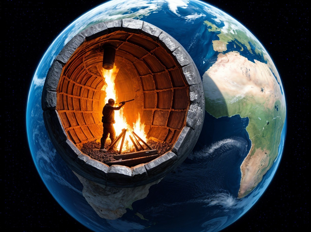 Cylindrical Structure with Figure and Vibrant Fire