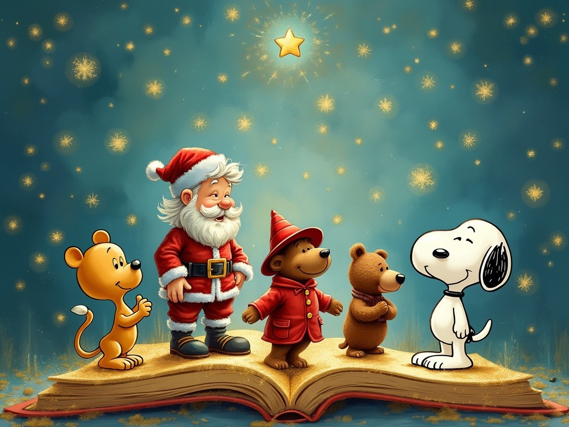 Joyful Santa Claus with Cartoon Characters in Storybook