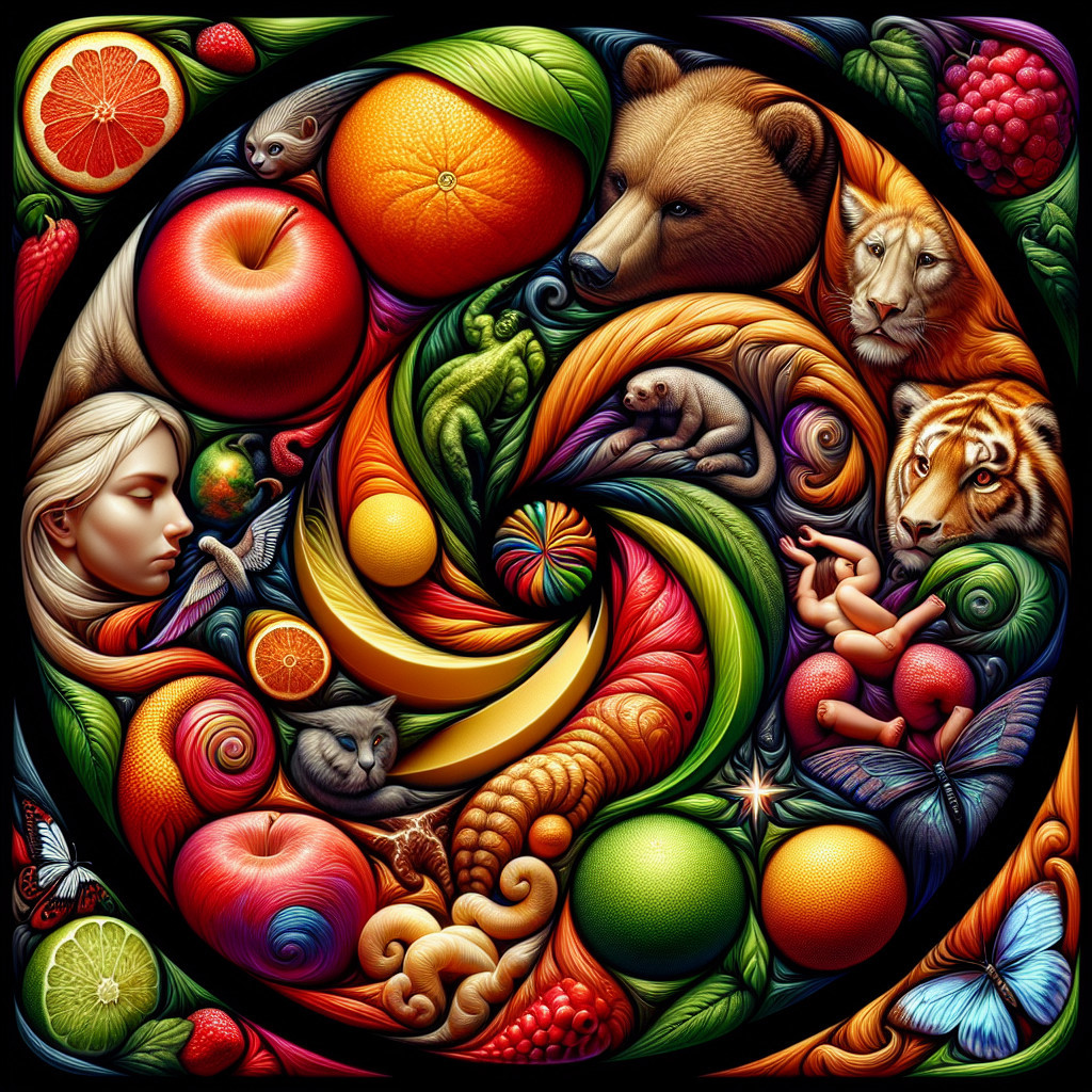 Colorful Animal and Fruit Composition with Whimsical Elements