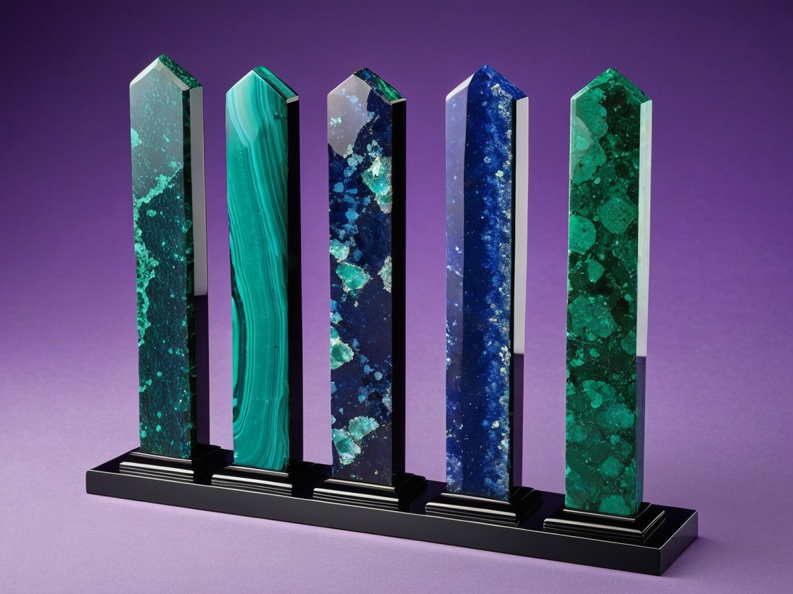 Polished Gemstones in Green and Blue on Black Base