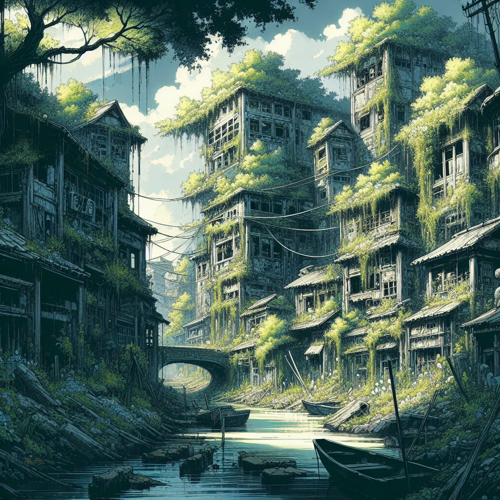 Abandoned city reclaimed by nature with serene canal