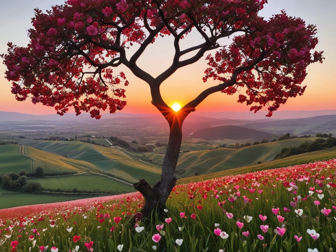 Sunset Landscape with Tree and Tulip Field