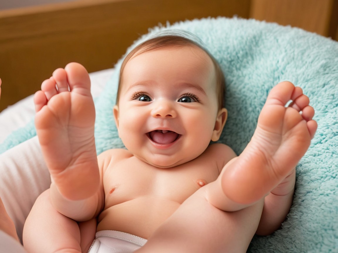 Joyful baby on fluffy blanket with sparkling eyes