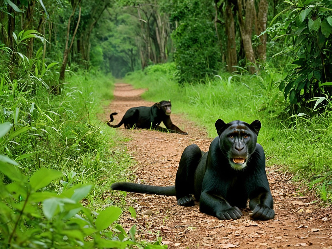 Chimpanzees in a Lush Forest Setting on a Path