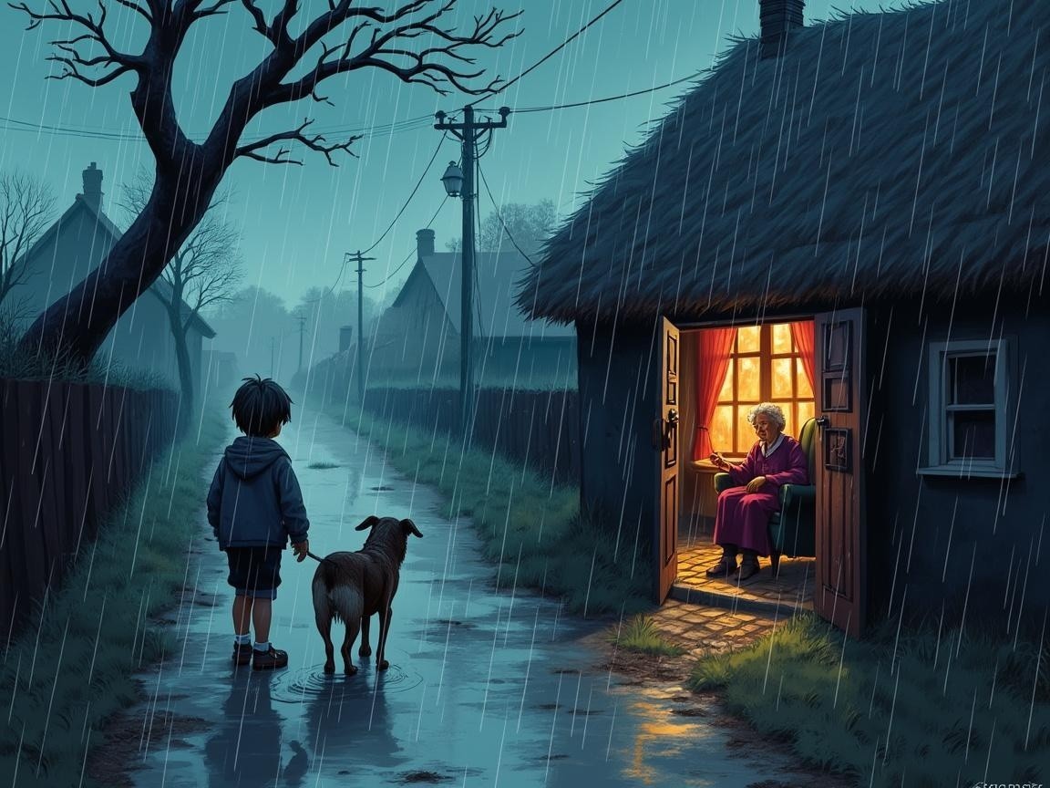 Young Boy and Dog by Cozy Cottage in Rainy Village