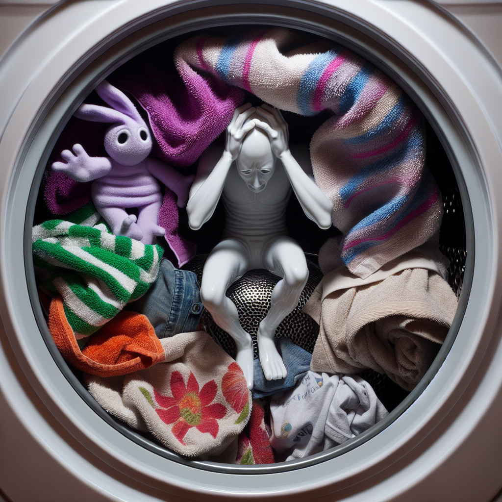 Top-down view of a washing machine drum with towels