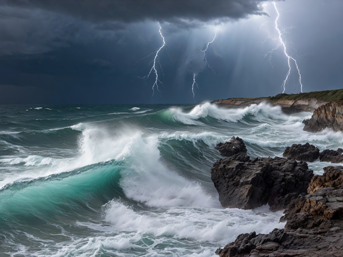 Dramatic Seascape with Stormy Waves and Lightning