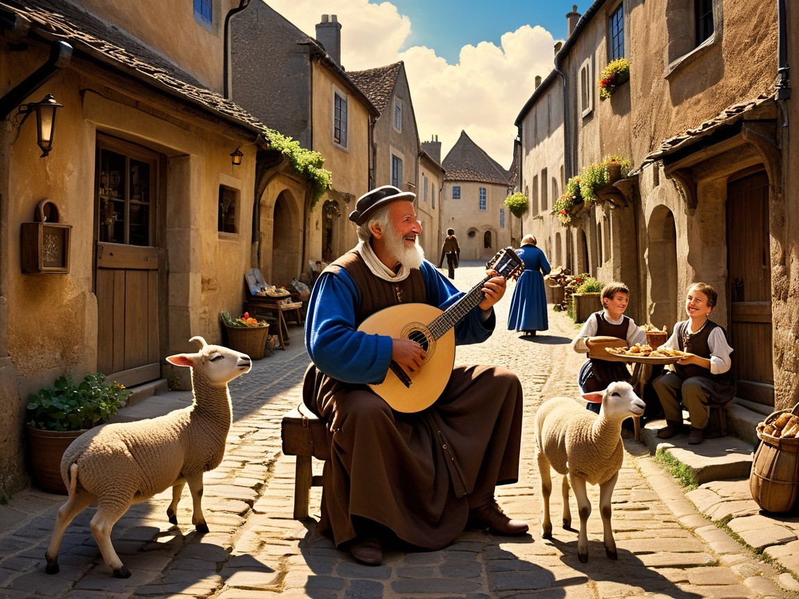 Elderly Man Playing Lute in Charming Village Scene
