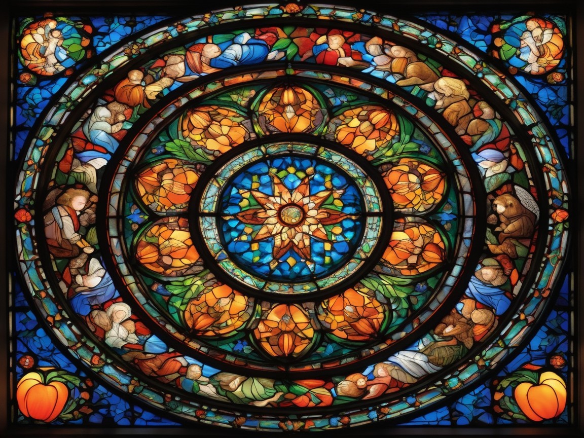 Intricate Stained Glass Window Design with Floral Motifs