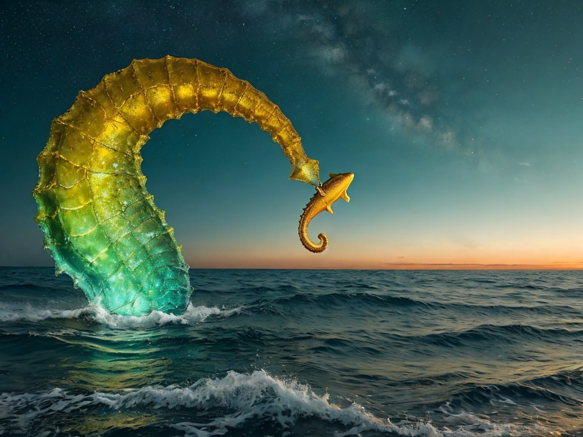 Giant shimmering seahorse over tranquil ocean at twilight