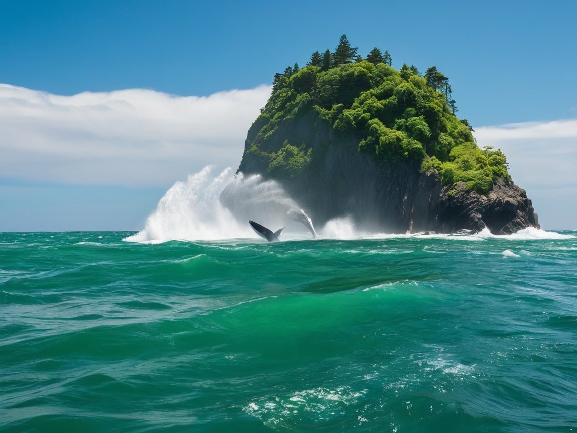 Majestic Rock Formation with Turquoise Waters and Whale Tail