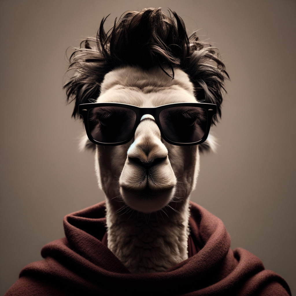 Stylish llama in sunglasses and burgundy hoodie
