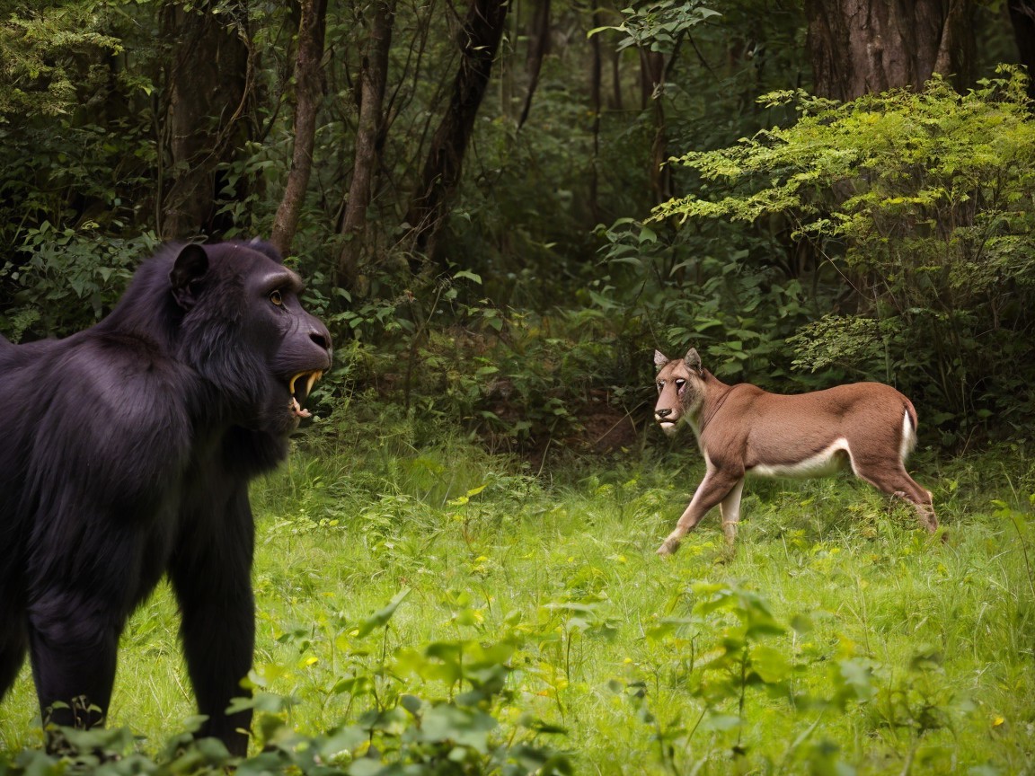 Gorilla and Deer Interaction in a Serene Forest Setting