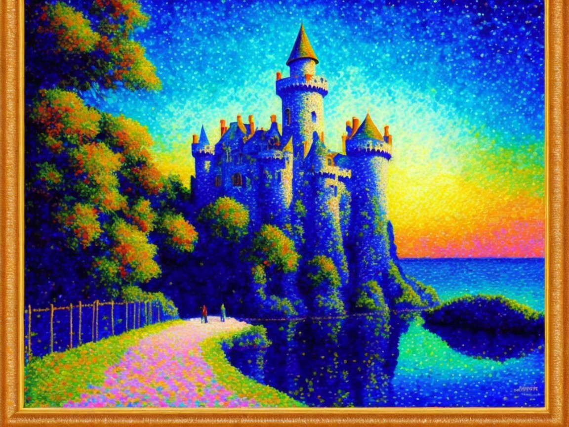 Impressionistic Castle Landscape at Sunset by Lake