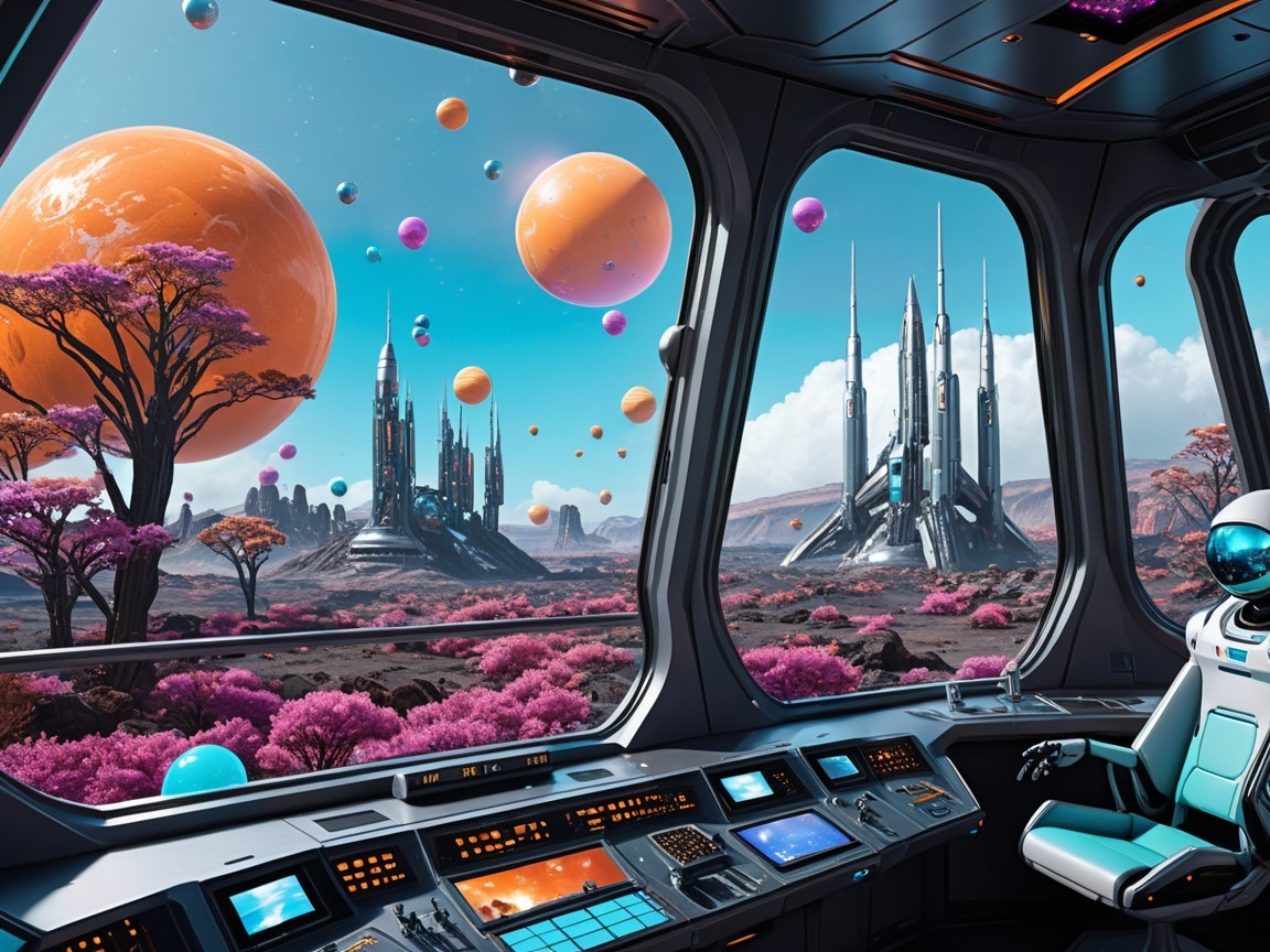 Futuristic Spaceship Interior with Alien Landscape View