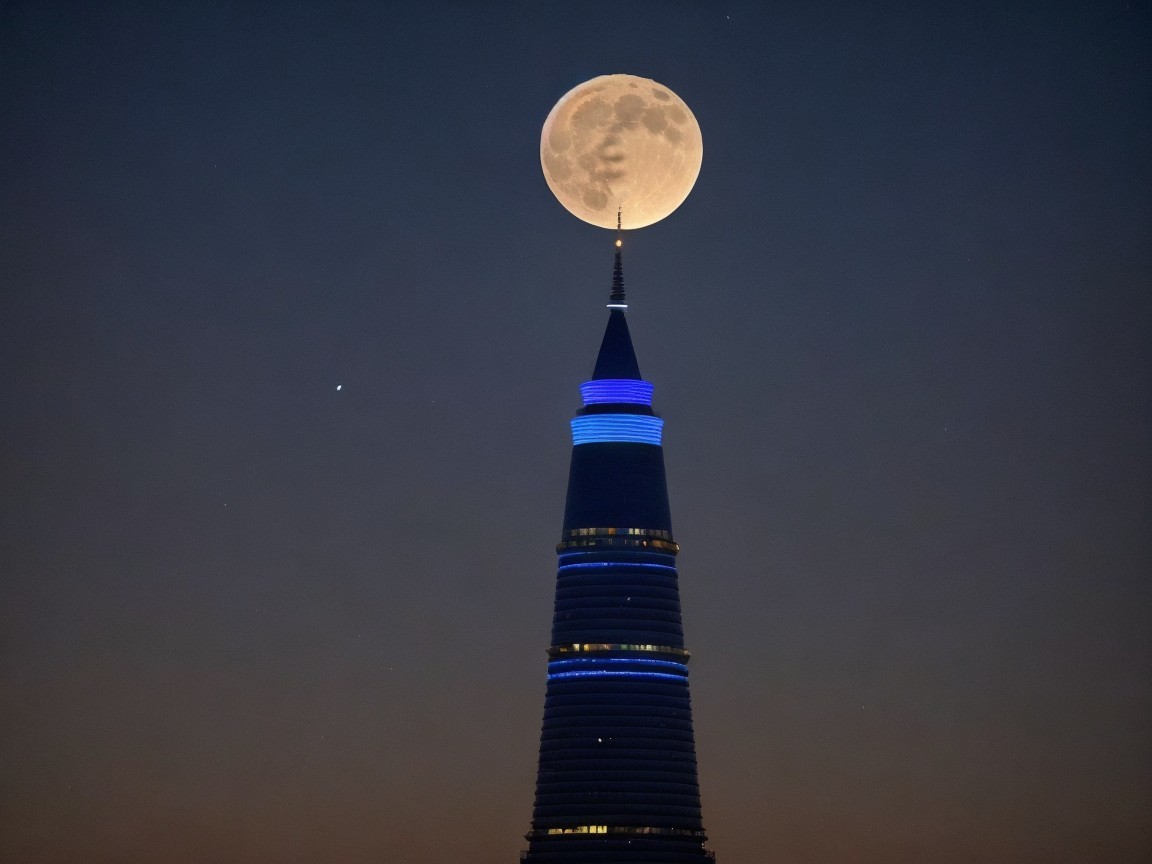 Night Scene of a Skyscraper with Full Moon and Stars