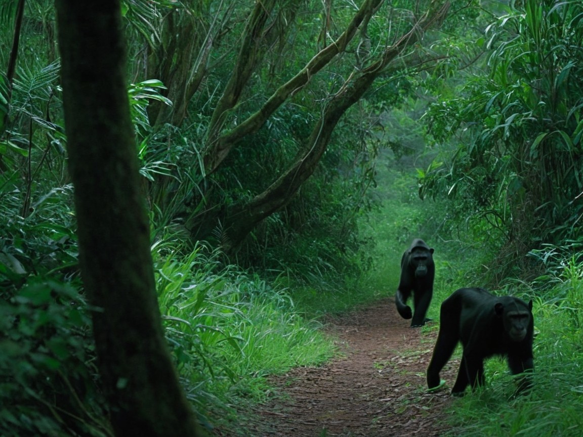 Chimpanzees walking in a dense jungle habitat