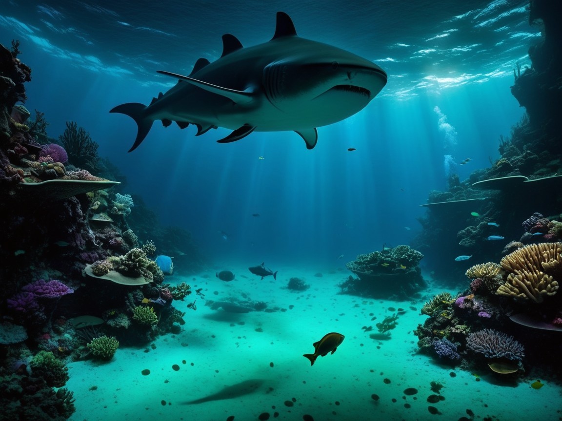 Vibrant Underwater Scene with Shark and Coral Reef