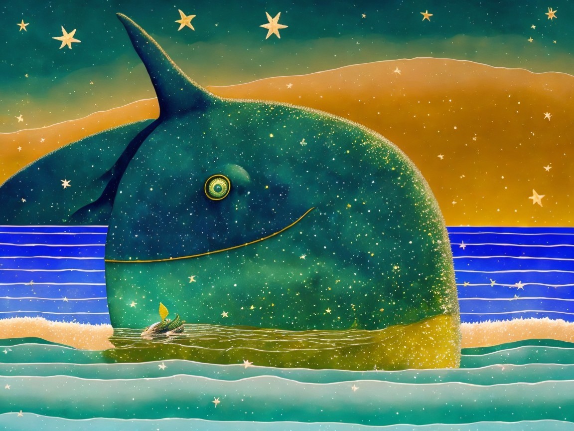 Giant Whale and Sailboat in Starry Sky Scene