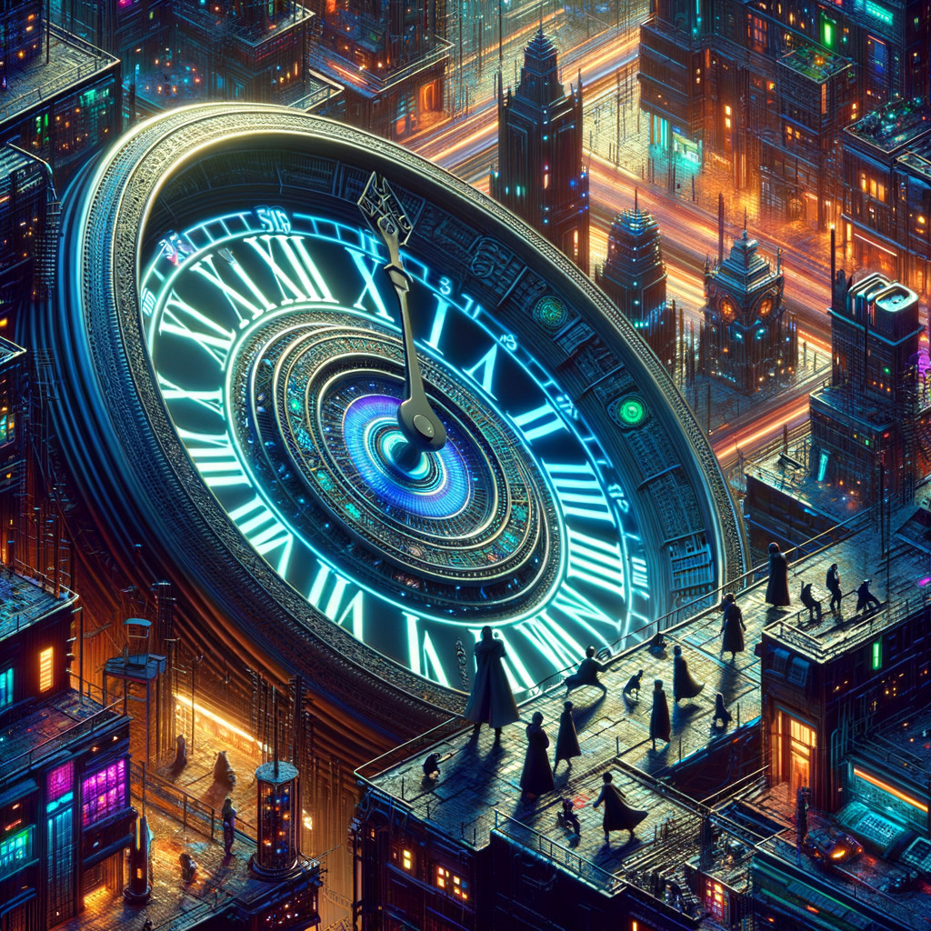 Surreal cityscape with neon lights and ornate clock