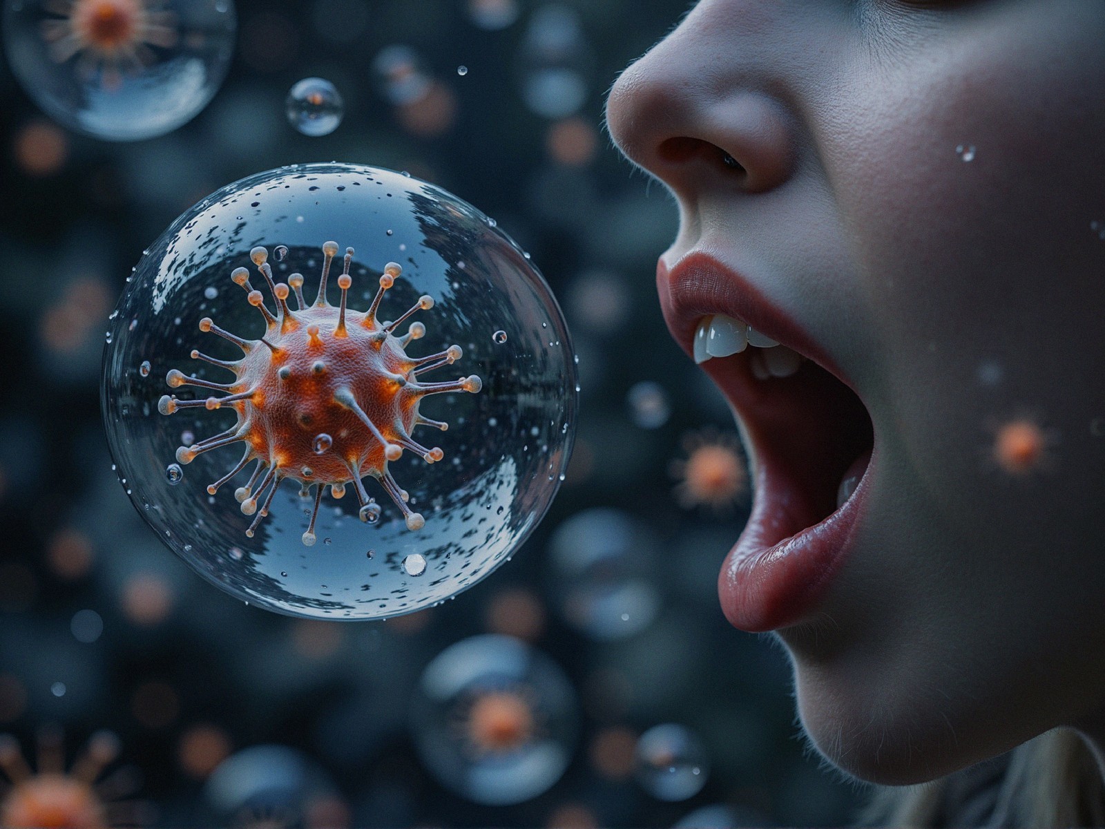 Close-up of Mouth with Floating Virus Particle