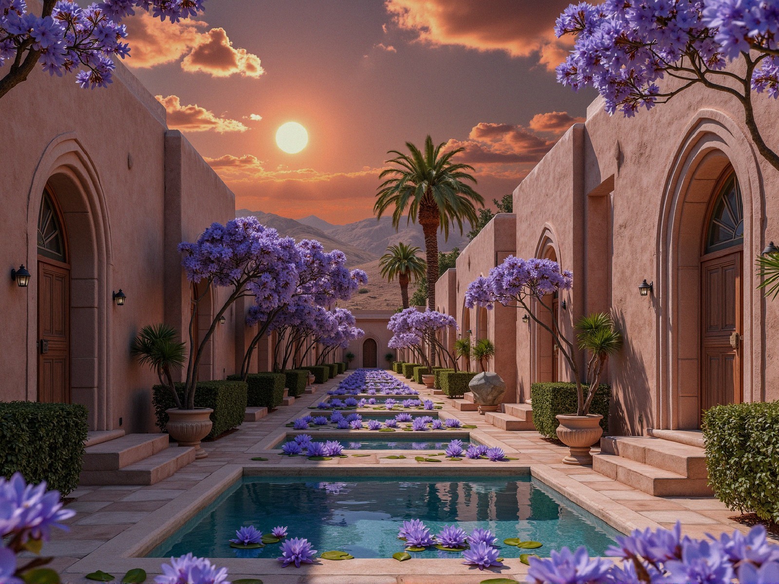Serene pathway with elegant buildings and flowers