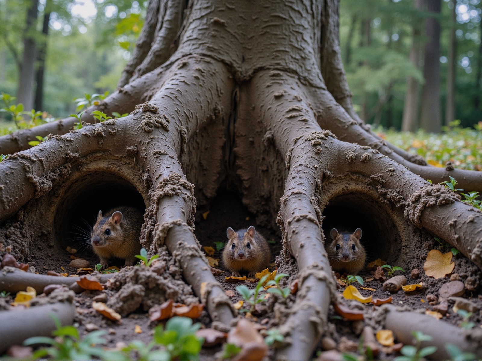 Small Rodents Emerging from Tree Burrows in Woodland