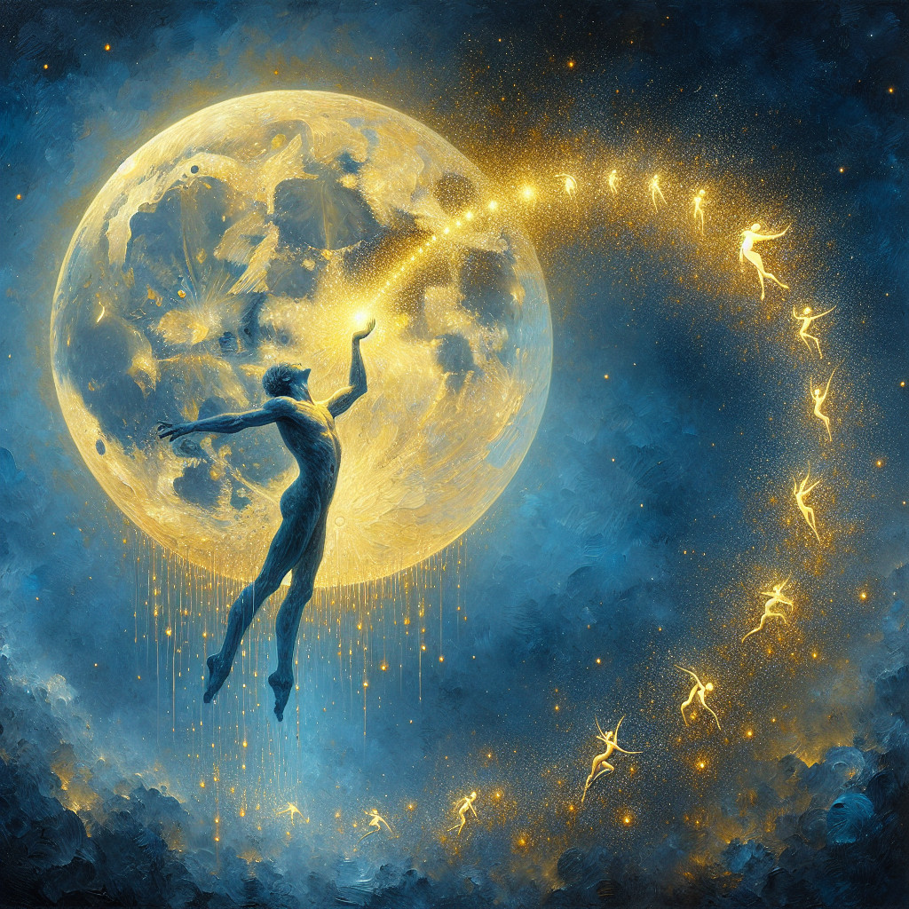 Surreal Scene of Figure Leaping Under Moonlight