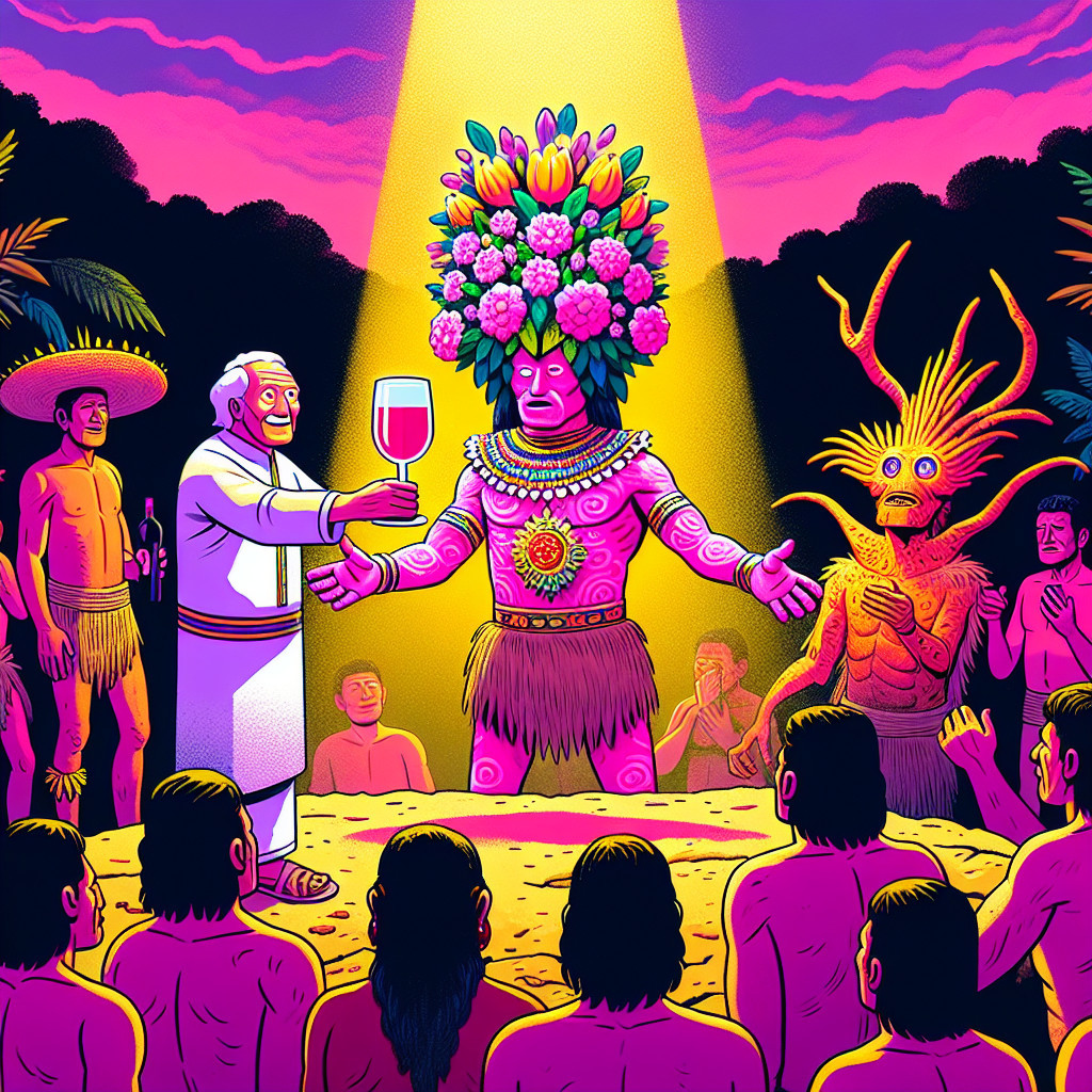 Ceremonial Gathering with Floral Attire and Wine Offering