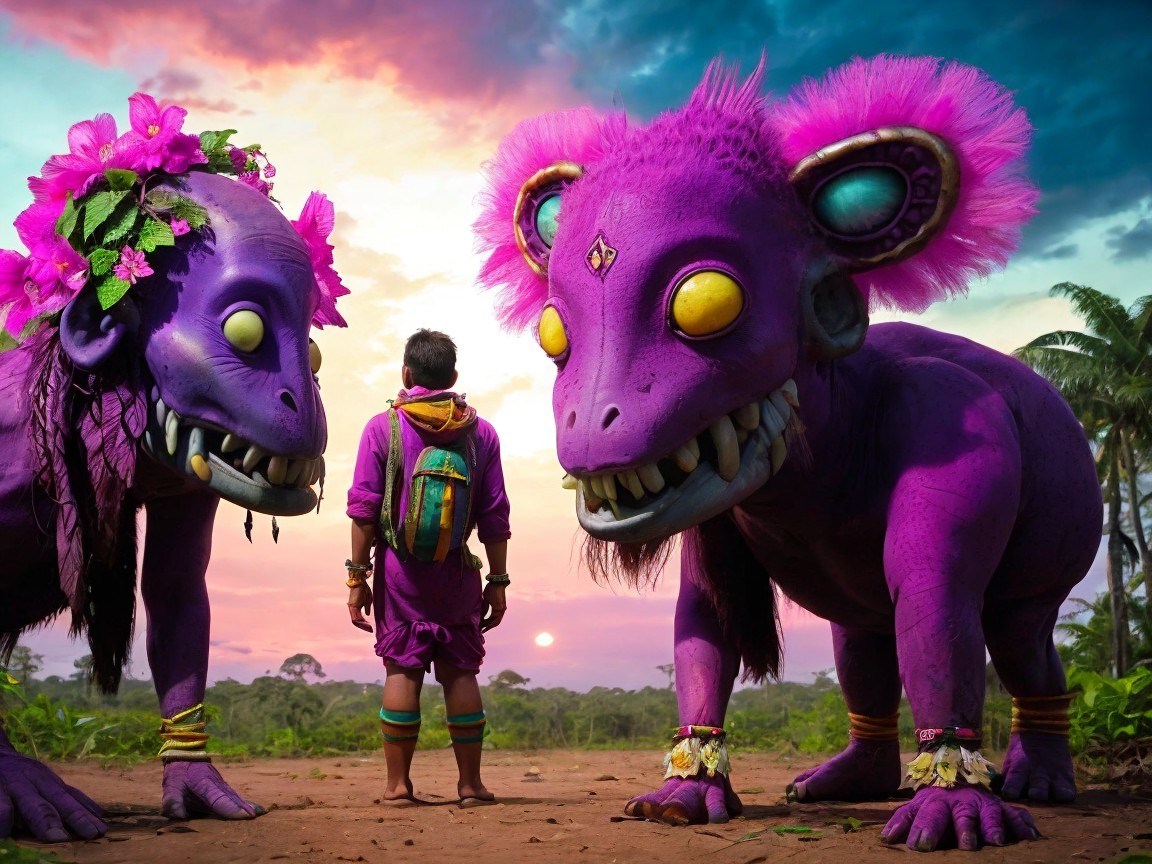Surreal Landscape with Child and Imaginative Creatures