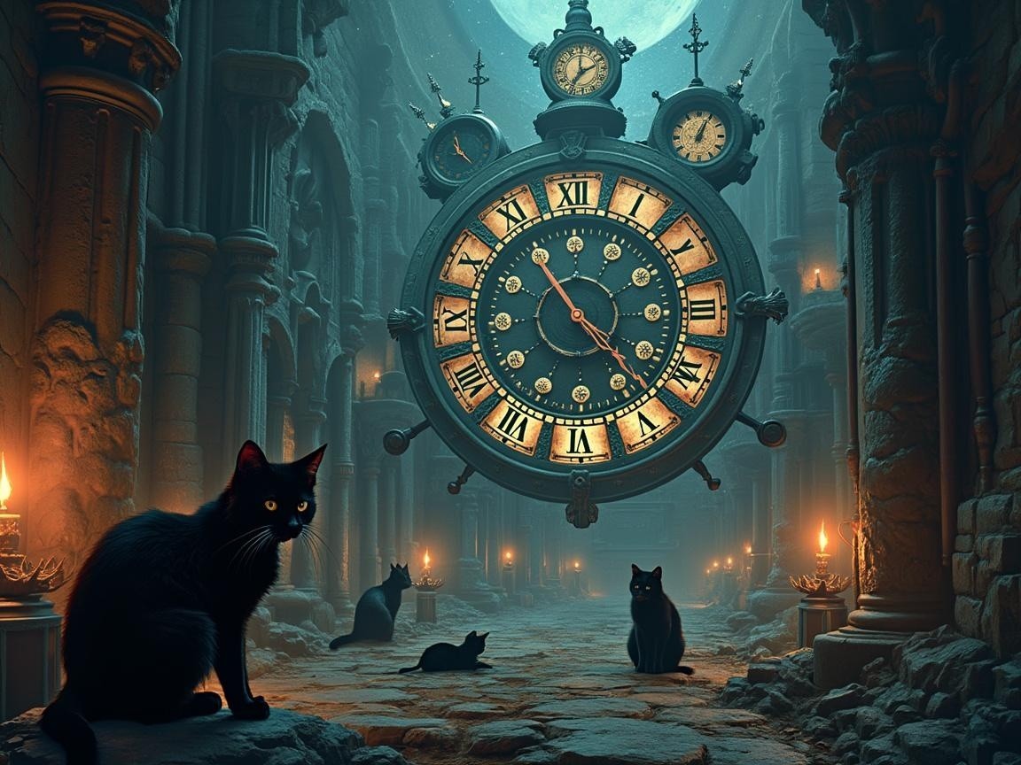 Mystical Chamber with Clock and Black Cats