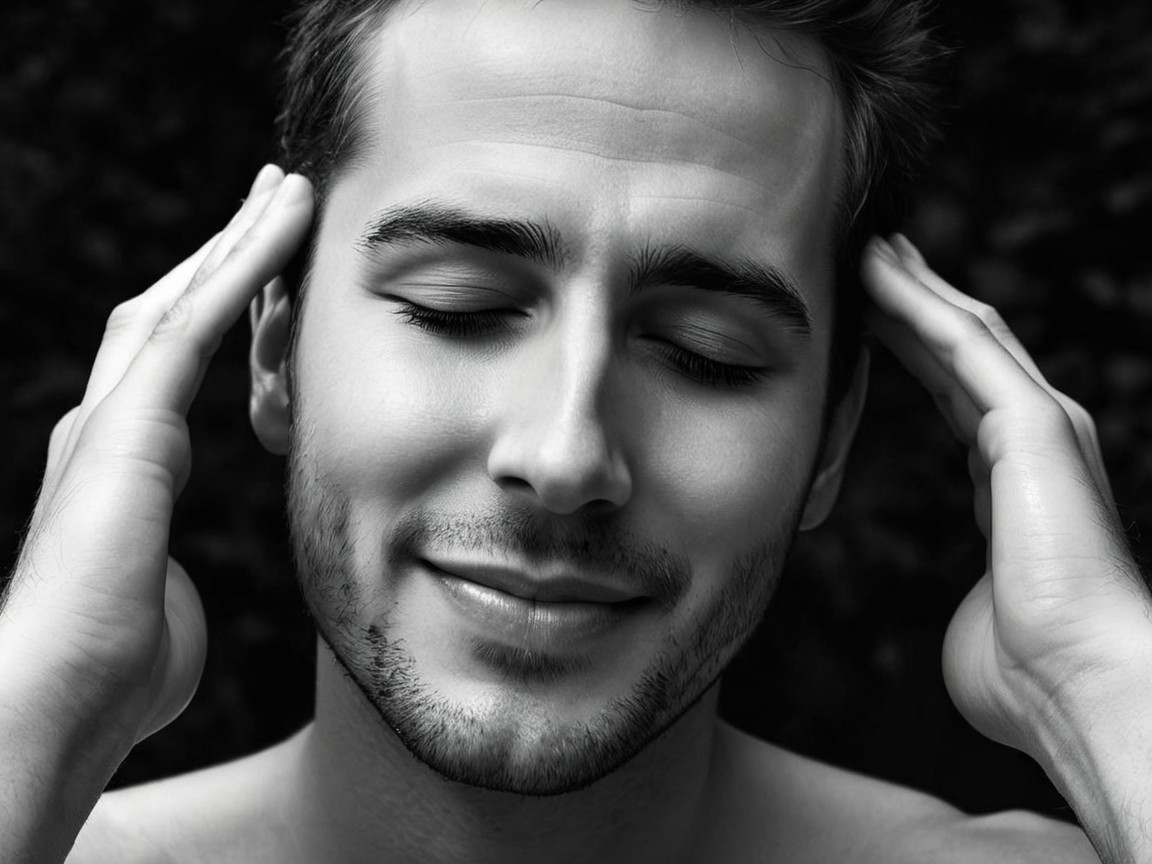 Young man in serene meditation, black-and-white photo
