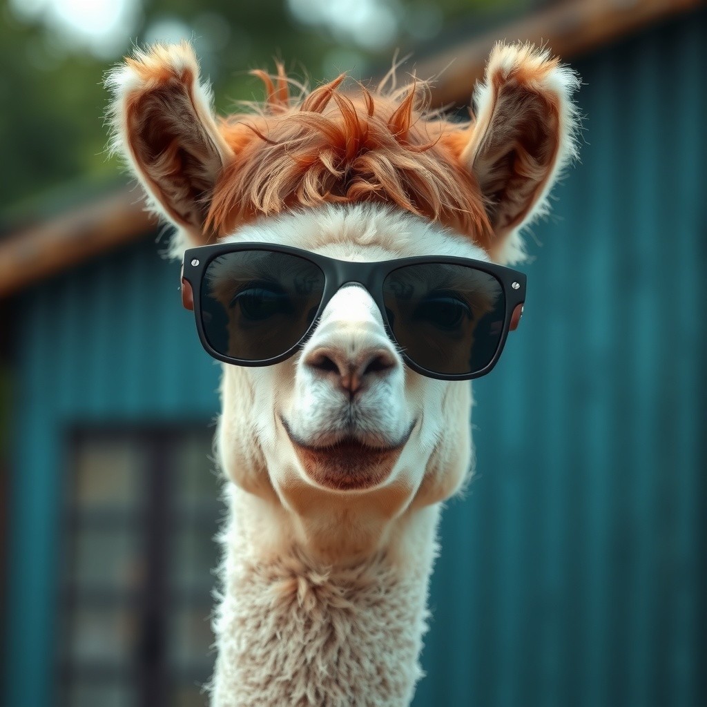 Alpaca in Sunglasses Against Rustic Blue Building
