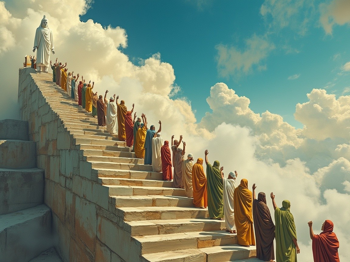 Colorful Figures Ascending a Staircase to Light