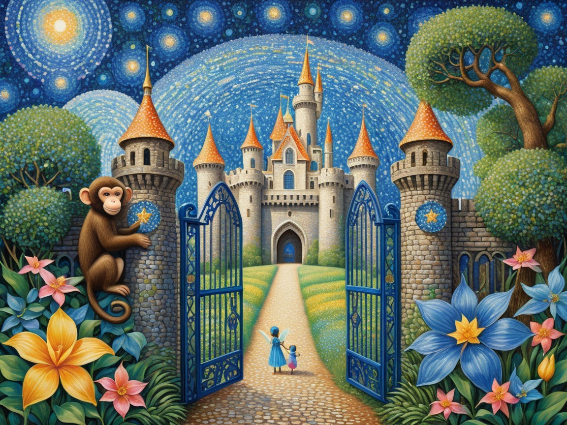 Vibrant Castle Landscape with Lush Greenery and Stars
