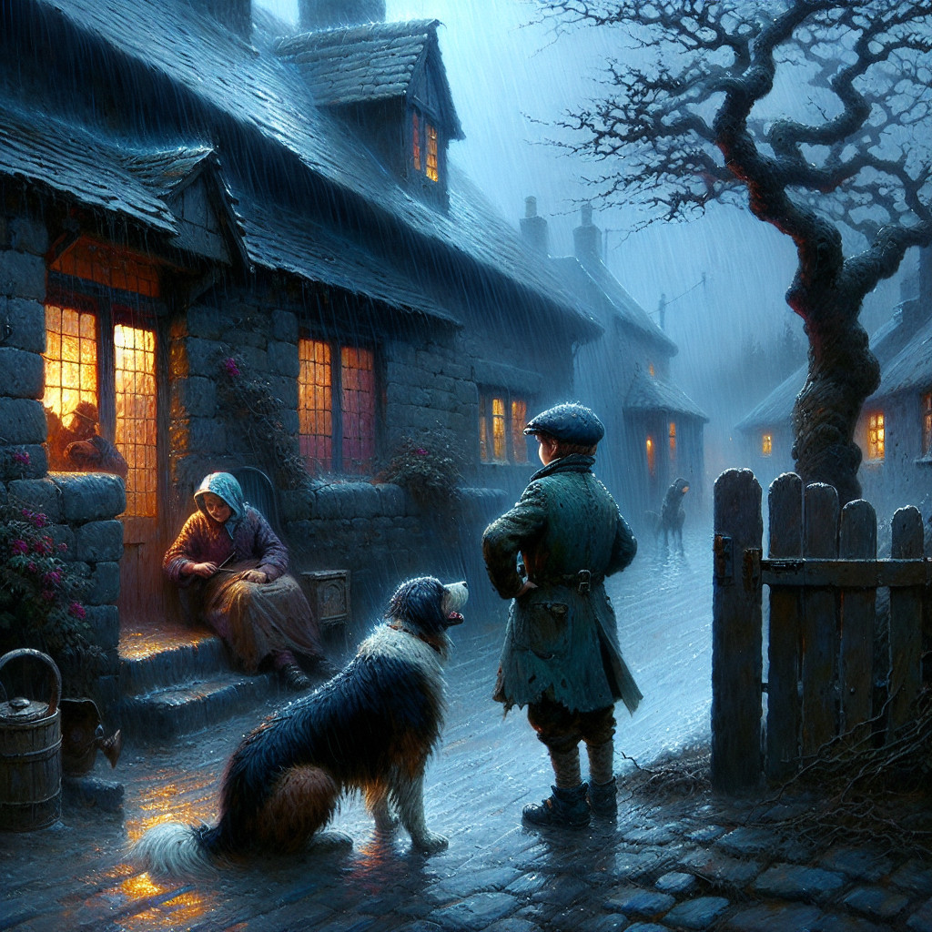 Rainy Village Scene with Boy, Dog, and Cottage