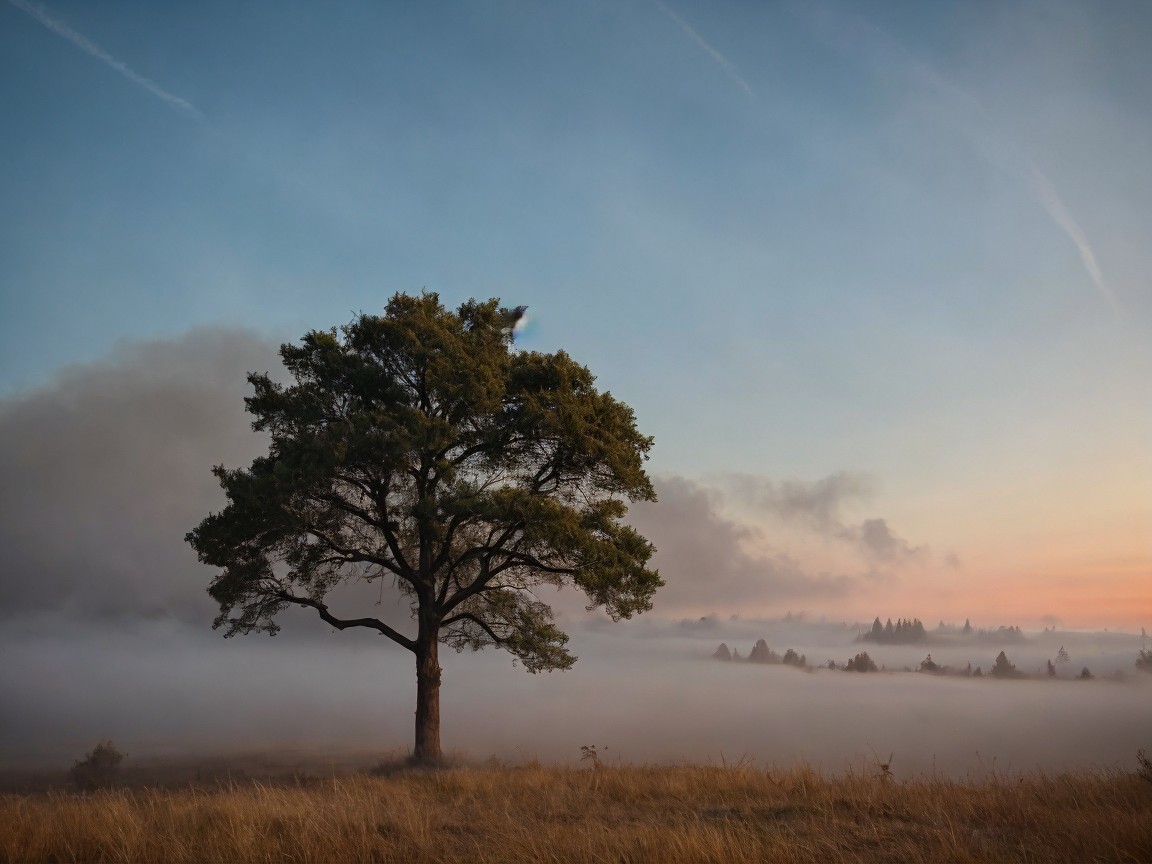 Solitary Tree in Misty Morning Landscape with Hills