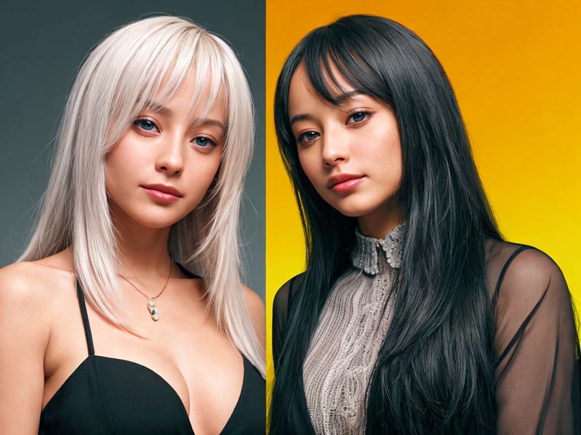 Two Young Women with Distinct Hairstyles and Colors