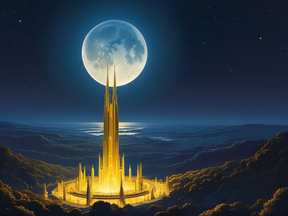 Golden tower under a starry night and full moon