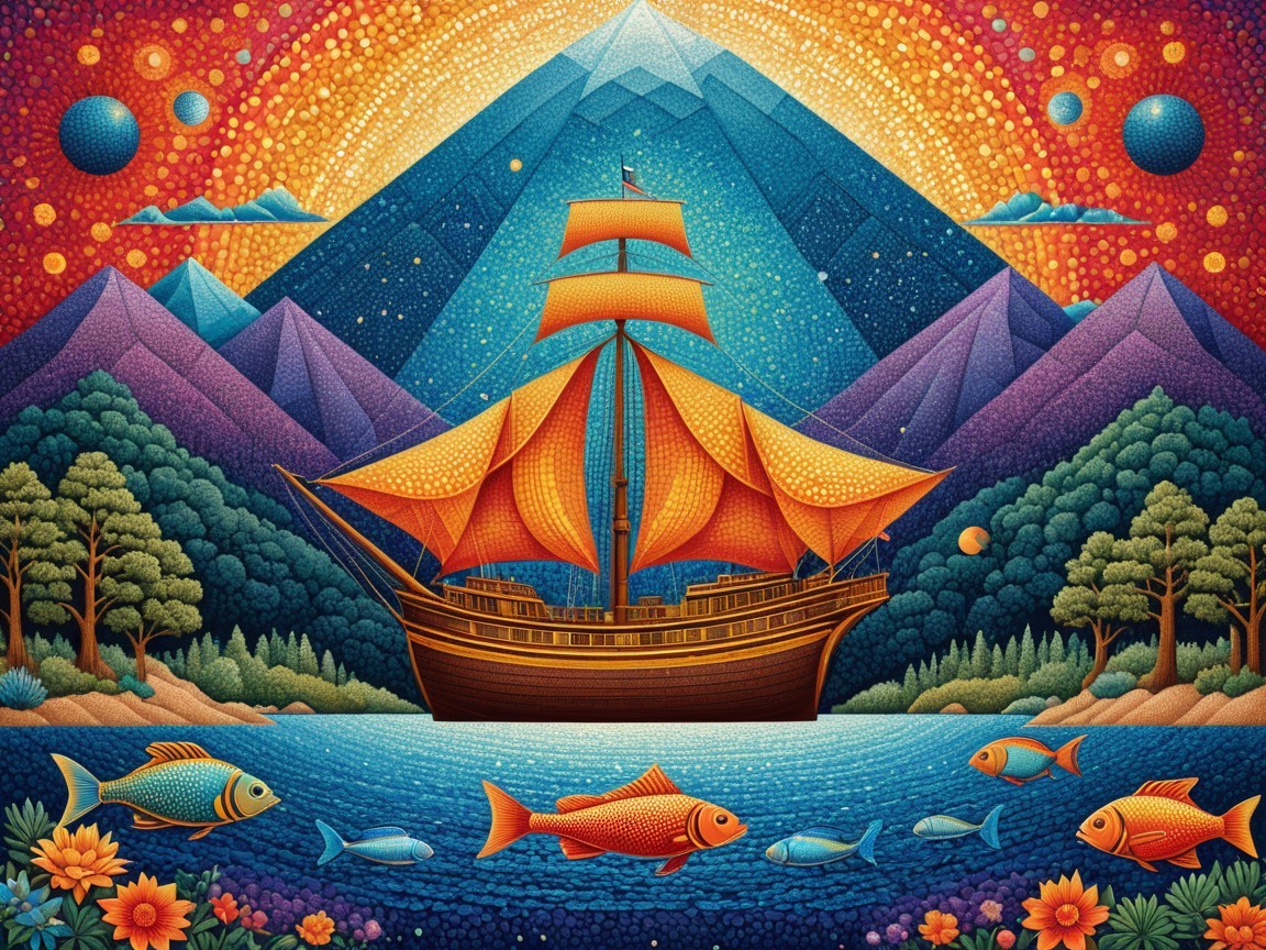 Majestic Ship with Orange Sails in Colorful Landscape