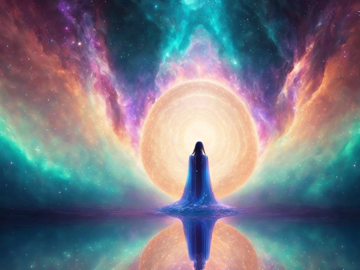 Cloaked Figure in Cosmic Landscape with Radiant Sun