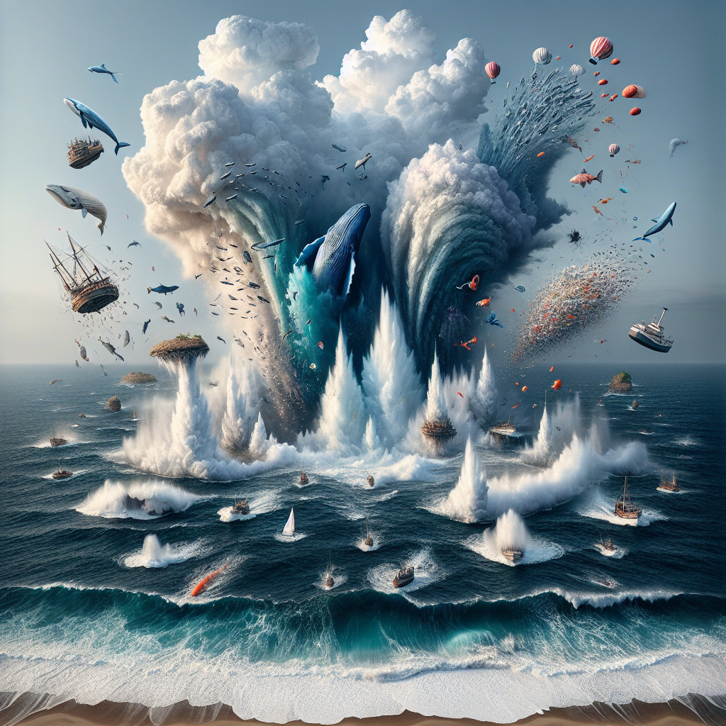 Colossal Waves and Marine Life Amidst Colorful Chaos