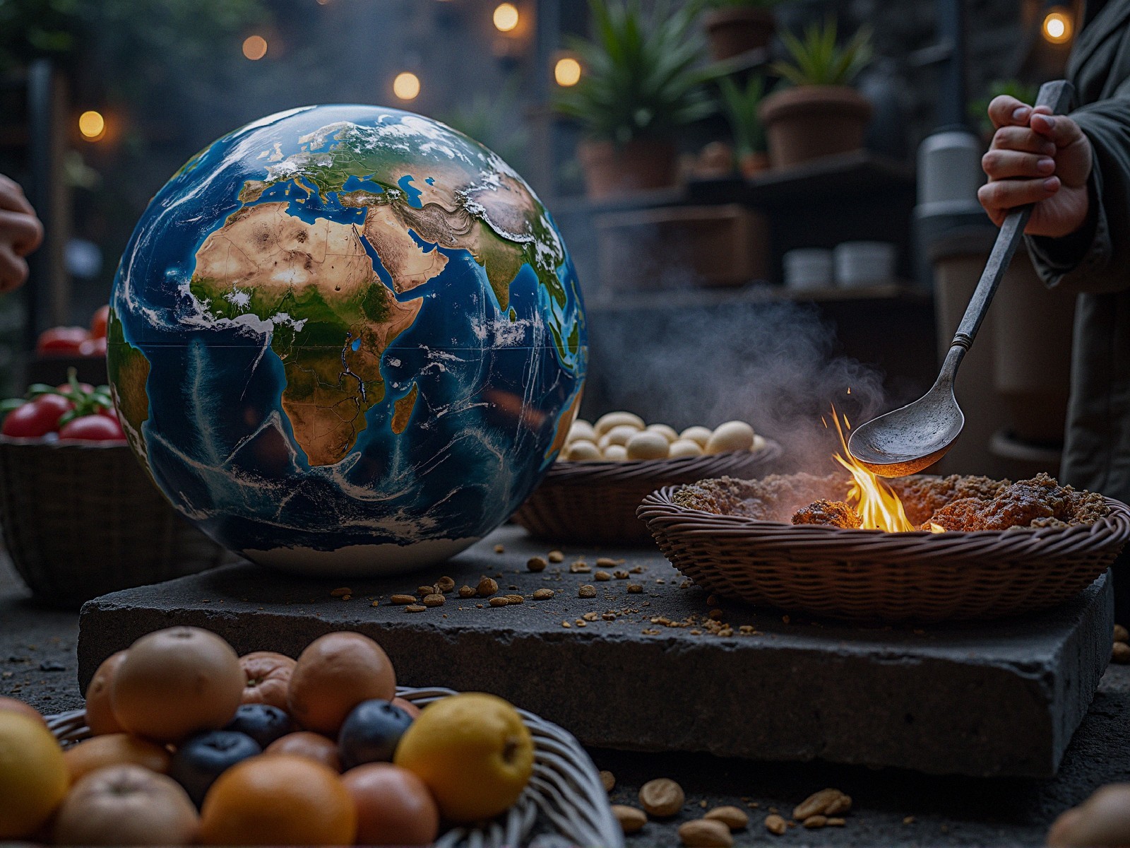 Globe and Rustic Setting with Fresh Produce and Cooking