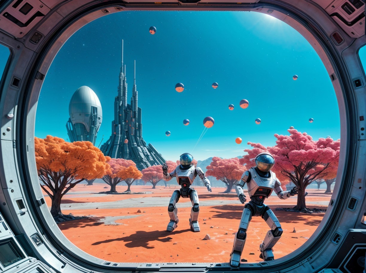 Astronauts Exploring Vibrant Alien Landscape with Structures